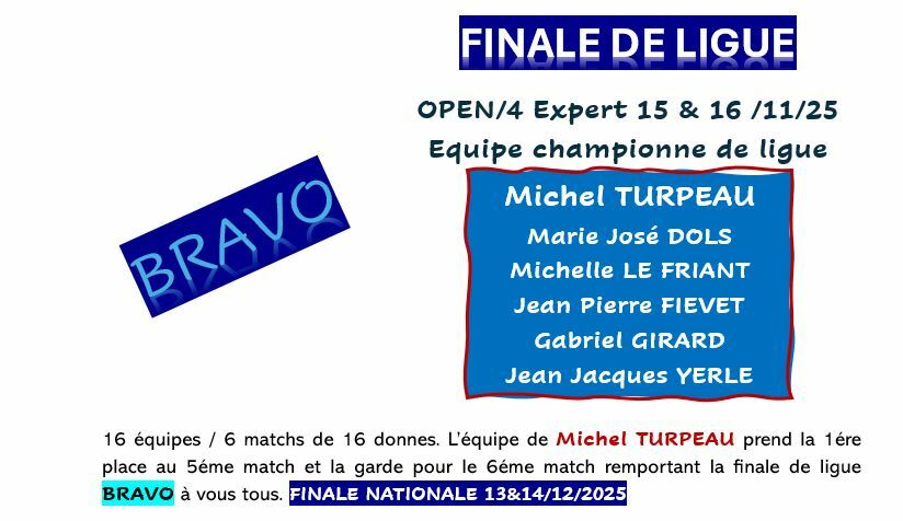 FILALE DE LIGUE OPEN/4 Expert w-e du 15 & 16 Novembre 2025