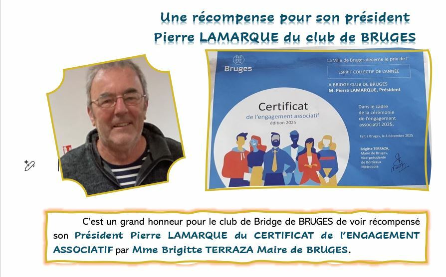 La Maire de BRUGES récompense Pierre LAMARQUE pour ses actions associatives et lui remet un "certificat pour son engagement associatif