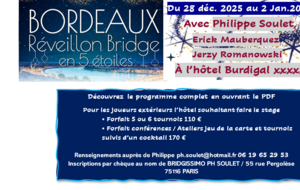 Réveillon Bridge à Bordeaux avec P. SOULET du 28 Décembre 2025 au 02 Janvier 2026 avec conférences / ateliers et tournois
