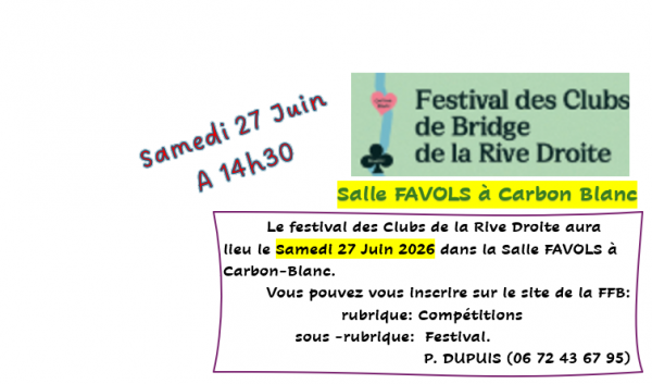 Festival des clubs de bridge de la rive droite le 27 Juin 2026