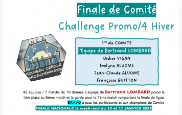 FINALE DE COMITE du CHALLENGE PROMO/4 HIVER le week-end du 15 et 16 Novembre 2025 au club de Gradignan