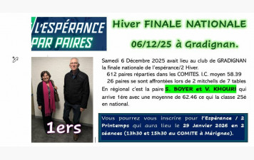 6 décembre 2025: finale nationale de l'ESPERANCE/2 hiver à Gradignan