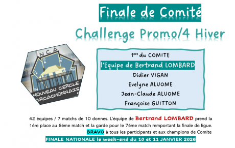 FINALE DE COMITE du CHALLENGE PROMO/4 HIVER le week-end du 15 et 16 Novembre 2025 au club de Gradignan
