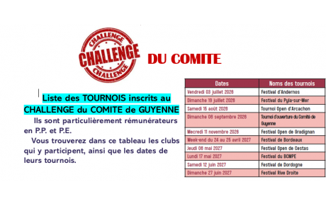 LE CHALLENGE DU COMITE (dates et compétitions)